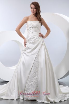 Luxurious A-line Strapless Chapel Train Satin Ruch Wedding Dress