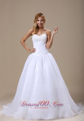 Beaded Decorate Sweetheart Neckline Ruched Decorate Bodice A-line Organza Court Train 2013 Wedding Dress