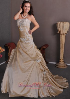 Champagne A-line Strapless Appliques Wedding Dress Chapel Train Taffeta