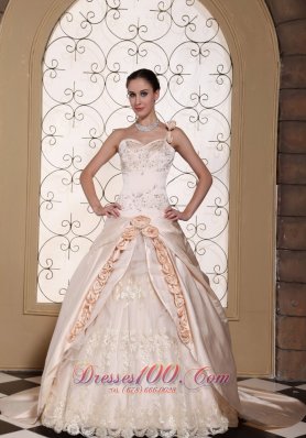 One Shoulder Champagne Ball Gown Wedding Dress For 2013 Hand Made Flowers and Embroidery On Satin