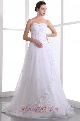 Classical A-line Strapless Beading Wedding Dress Brush Train Taffeta and Organza