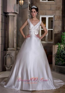 Simple A-line V-neck Wedding Dress Chapel Train Satin Hand Made Flower