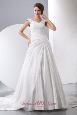 Simple A-line V-neck Ruch Wedding Dress Chapel Train Taffeta