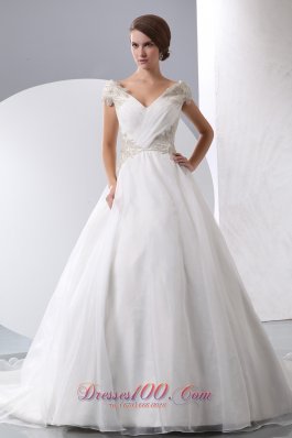 Simple Wedding Dress A-line V-neck Beading Chapel Train Taffeta and Organza