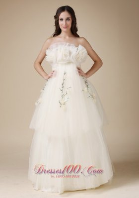 Custom Made A-line Strapless Low Cost Wedding Dress Taffeta and Organza Appliques Hand Made Flowers Floor-length