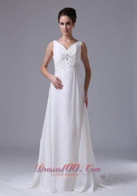 Empire Beaded Decorate Waist Wedding Dress For 2013 V-Neck Chiffon Court Train