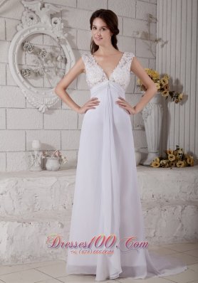 Customize Empire V-neck Lace Wedding Dress Brush Train Chiffon