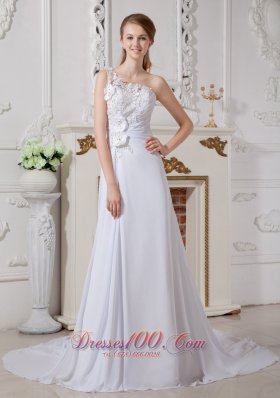 Wonderful A-line Wedding Dress One Shoulder Appliques Court Train Chiffon