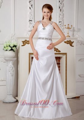 Exclusive Wedding Dress A-line V-neck Beading Brush Train Satin