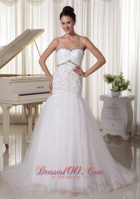Spaghetti Straps Taffeta and Tulle A-line Wedding Dress With Beaded Decorate Up Bodice Court Train
