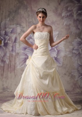 Champagne A-line Strapless Wedding Dress Taffeta and Lace Hand Made Flowers Brush Train