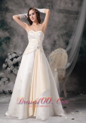 White and Champagne A-line Sweetheart Brush Train Satin Beading Wedding Dress