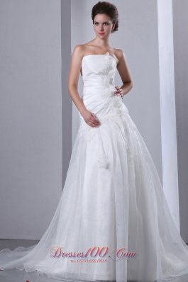 Simple A-line Strapless Wedding Dress Appliques and Hand Made Flowers Court Train Taffeta and Organza