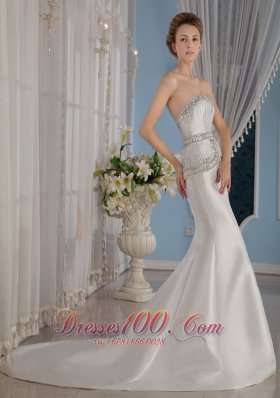 Sexy Mermaid / Trumpet Sweetheart Court Train Satin Beading Wedding Dress