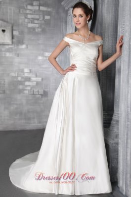 White Column/Sheath Off The Shoulder Court Train Satin Pleat Wedding Dress