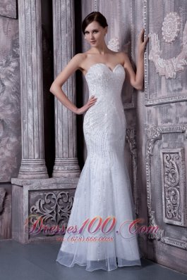 White Mermaid Sweetheart Floor-length Elastic Woven Satin and Organza Beading Prom Dress