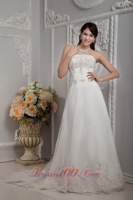 Elegant A-line Strapless Wedding Dress Appliques Lace Court Train