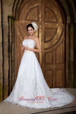 Beautiful A-line Strapless Court Train Organza Embroidery Wedding Dress