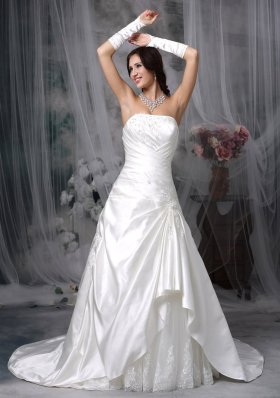 Modest A-line Strapless Wedding Dress Taffeta Appliques Court Train