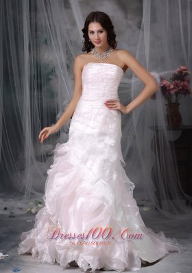 Cute A-line Strapless Brush Train Organza Ruch Wedding Dress