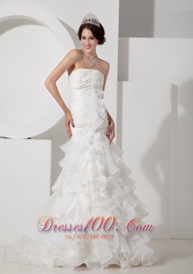 Luxurious Mermaid Wedding Dress Strapless Organza Appliques and Ruch Brush Train