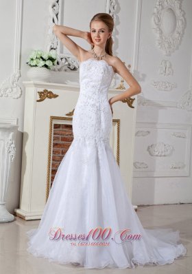 Beautiful Mermaid Strapless Wedding Dress Court Train Organza Appliques