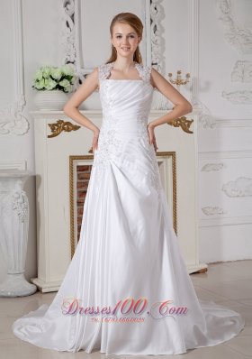 Customize A-line Square Appliques Wedding Dress Court Train Taffeta
