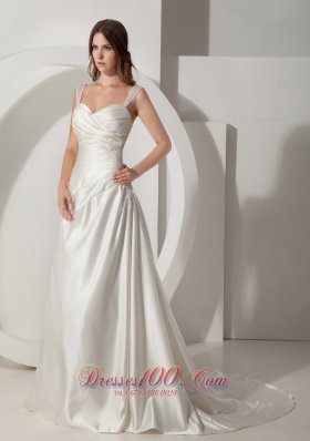 Simple A-Line / Princess Straps Court Train Taffeta Ruched Wedding Dress