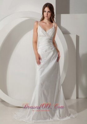 Custom Made Wedding Dress Column / Sheath Straps Ruched Taffeta Court Train