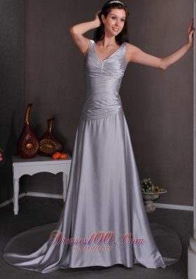 Silver A-line V-neck Chapel Train Low Cost Wedding Dress Elastic Wove Satin Beading