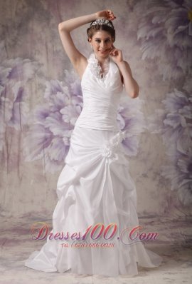 Custom Made A-line Halter Wedding Dress Taffeta Hand Made Flowers Court Train