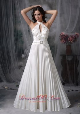 White A-line / Princess Wedding Dress High-neck Chiffon Appliques Floor-length