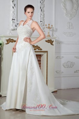 Sweet Column Halter Court Train Satin Appliques Wedding Dress