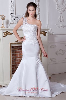 Beautiful Mermaid One Shoulder Court Train Satin Beading and Embroidery Wedding Dress