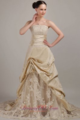 Elegant Champagne A-line / Princess Strapless Court Train Taffeta Wedding Dress