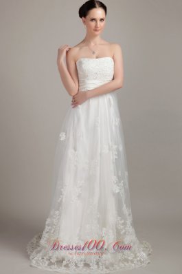 White Column/Sheath Strapless Brush/Sweep Lace Appliques Wedding Dress