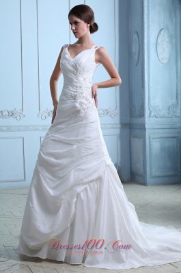 Beautiful A-line V-neck Ruch and Appliques Wedding Dress Court Train Taffeta