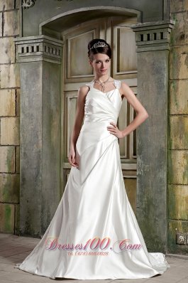 Beautiful A-line V-neck Court Train Satin Lace Wedding Dress