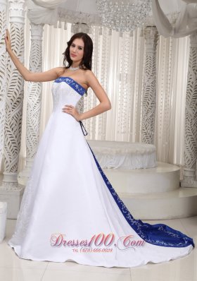 Romantic A-line Strapless Court Train Satin Embroidery Wedding Dress