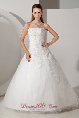 Lovely A-line Strapless Chapel Train Tulle Appliques Wedding Dress