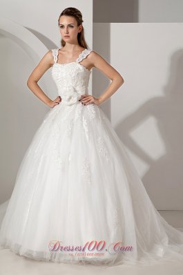 Sweet A-line Straps Court Train Tulle and Taffeta Appliques Wedding Dress
