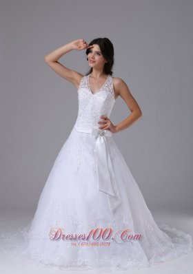 Halter Bowknot and Lace Over Skirt For Elegant Wedding Dress Lace Court Train