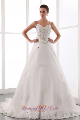 Gorgeous Wedding Dress A-line Spaghetti Straps Beading Court Train Satin and Lace