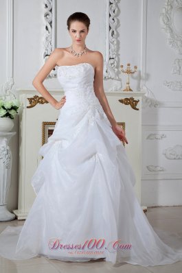 Pretty A-line / Princess Strapless Appliques Wedding Dress Brush Train Organza