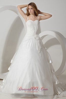 Simple A-line Straps Brush Train Organza Hand Made Flowers Wedding Dress