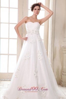 Affordable A-line Sweetheart Brush Train Taffeta Beading and Appliques Wedding Dress