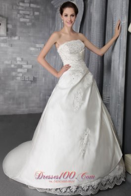 Brand New A-Line / Princess Strapless Court Train Elastic Wove Satin Lace Wedding Dress