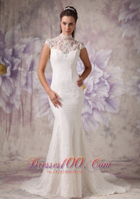 Customize Mermaid High Neck Lace Wedding Dress Beading Court Train