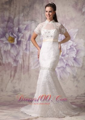 Cheap Mermaid High Neck Lace Wedding Dress Beading Court Train