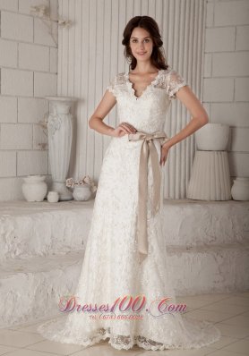 Custom Made Column / Sheath V-neck Lace Wedding Dress Brush Train Bow